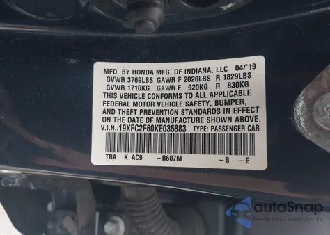 2019 Honda Civic Lx из США, поврежденный, VIN 19XFC2F60KE035883